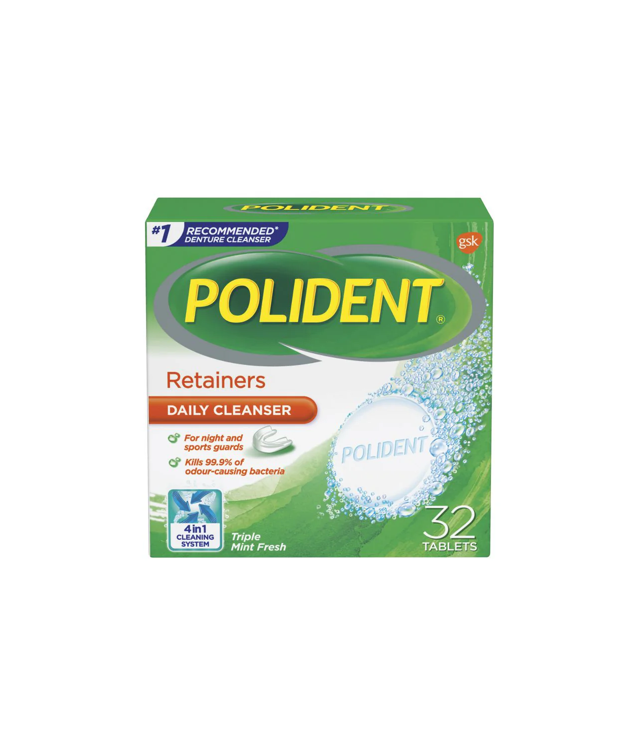 Polident Retainers Daily Cleanser, For Night Guards And Sports Guards, 4 in 1 Cleaning System, Triple Mint Fresh - 32 tablets