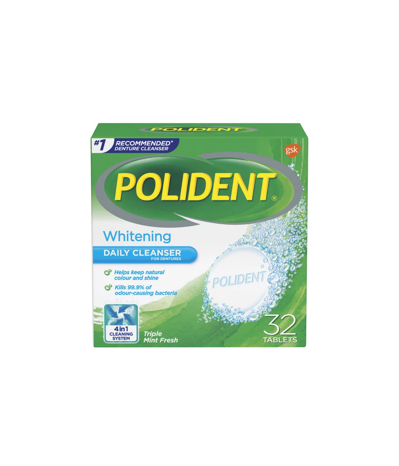 Polident Whitening Daily Cleanser,Dentures, 4 in 1 Cleaning System, Triple Mint Fresh - 32 tablets
