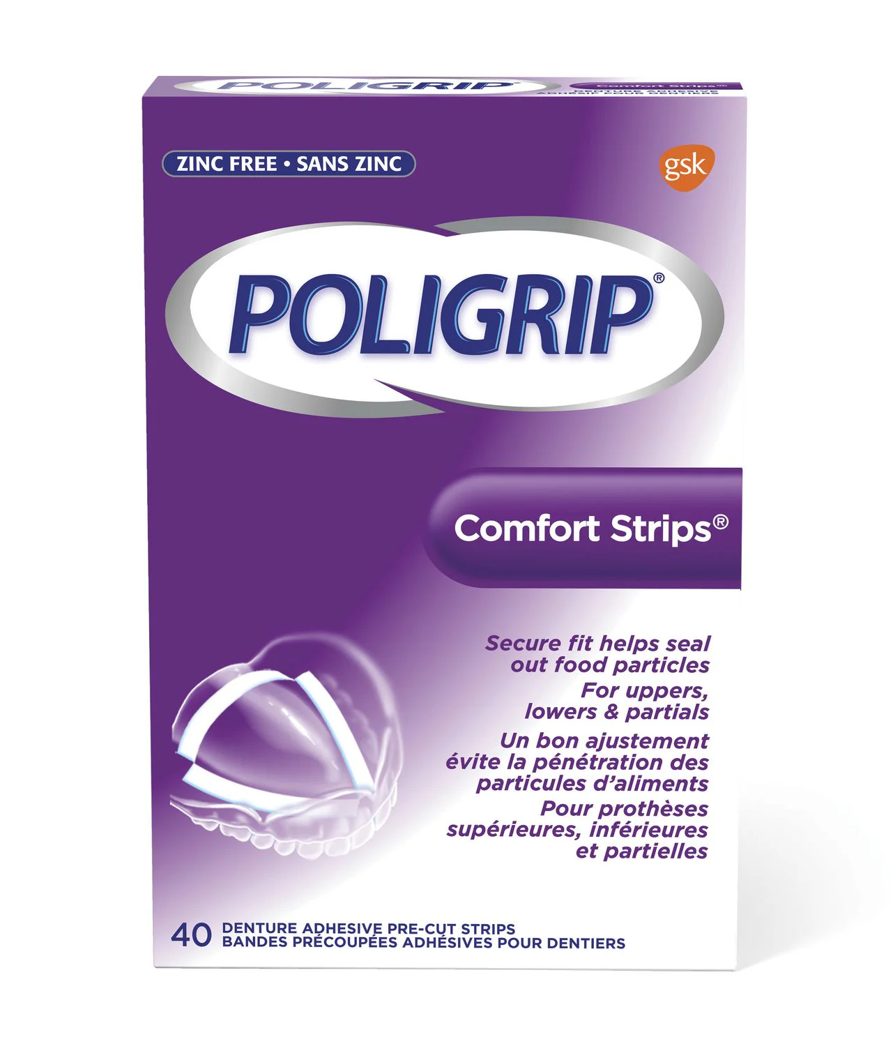 Poligrip Comfort Strips, Zinc Free , Denture Adhesive Pre-cut Strips - 40 strips