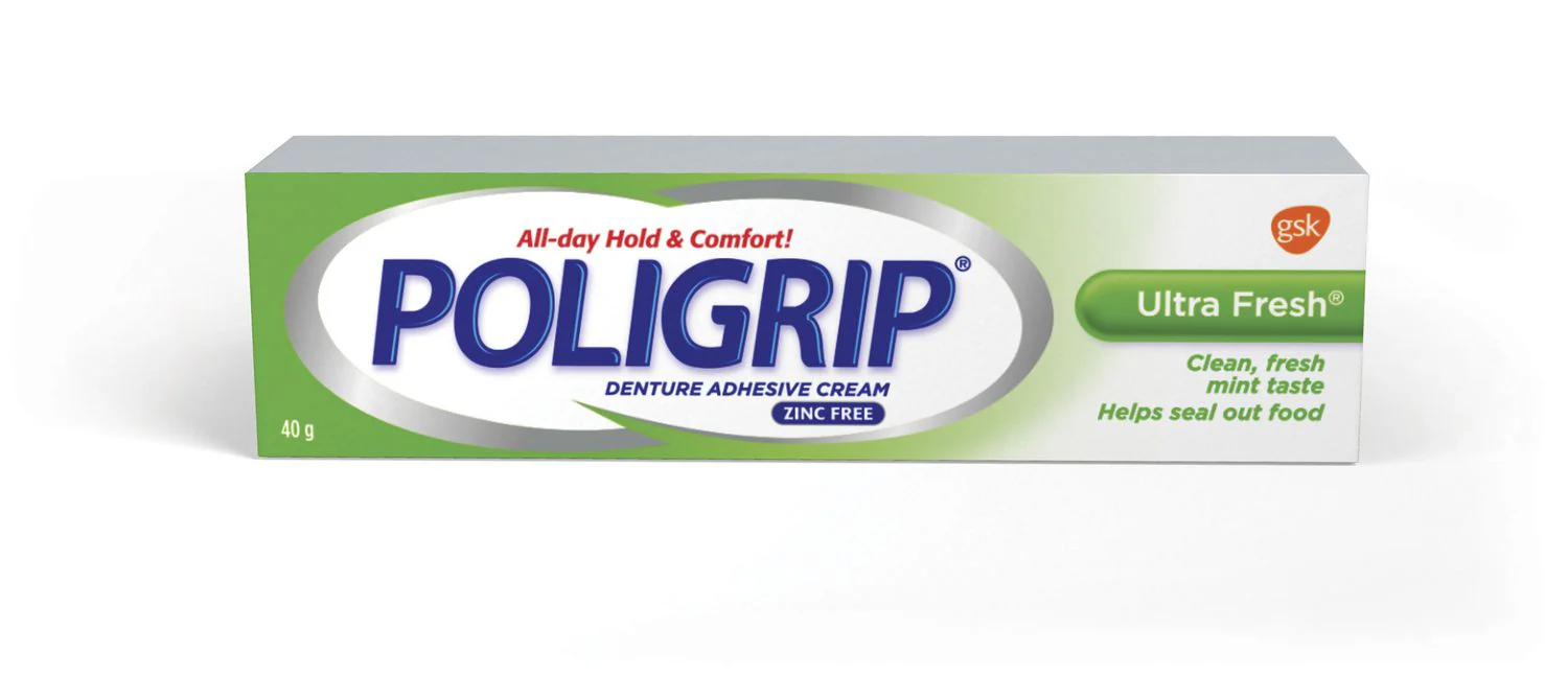Poligrip Denture Adhesive Cream, Zinc Free, Strong Hold, Ultra Fresh, Mint Fresh - 40g