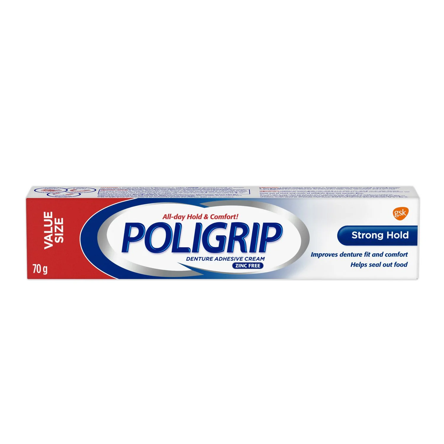 Poligrip Denture Adhesive Cream, Zinc Free, Strong Hold,  Value Size  - 70g