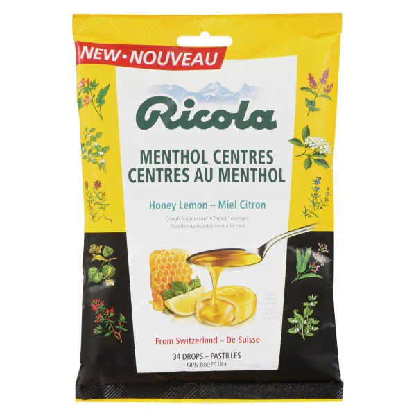 Ricola Menthol Centres Honey Lemon Cough Drops - 34 drops