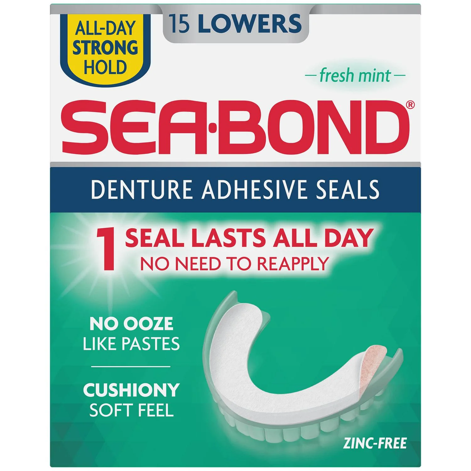 Sea-Bond Denture Adhesive Seals, All-Day Strong Hold, Zinc Free, Fresh Mint - 15 Lowers