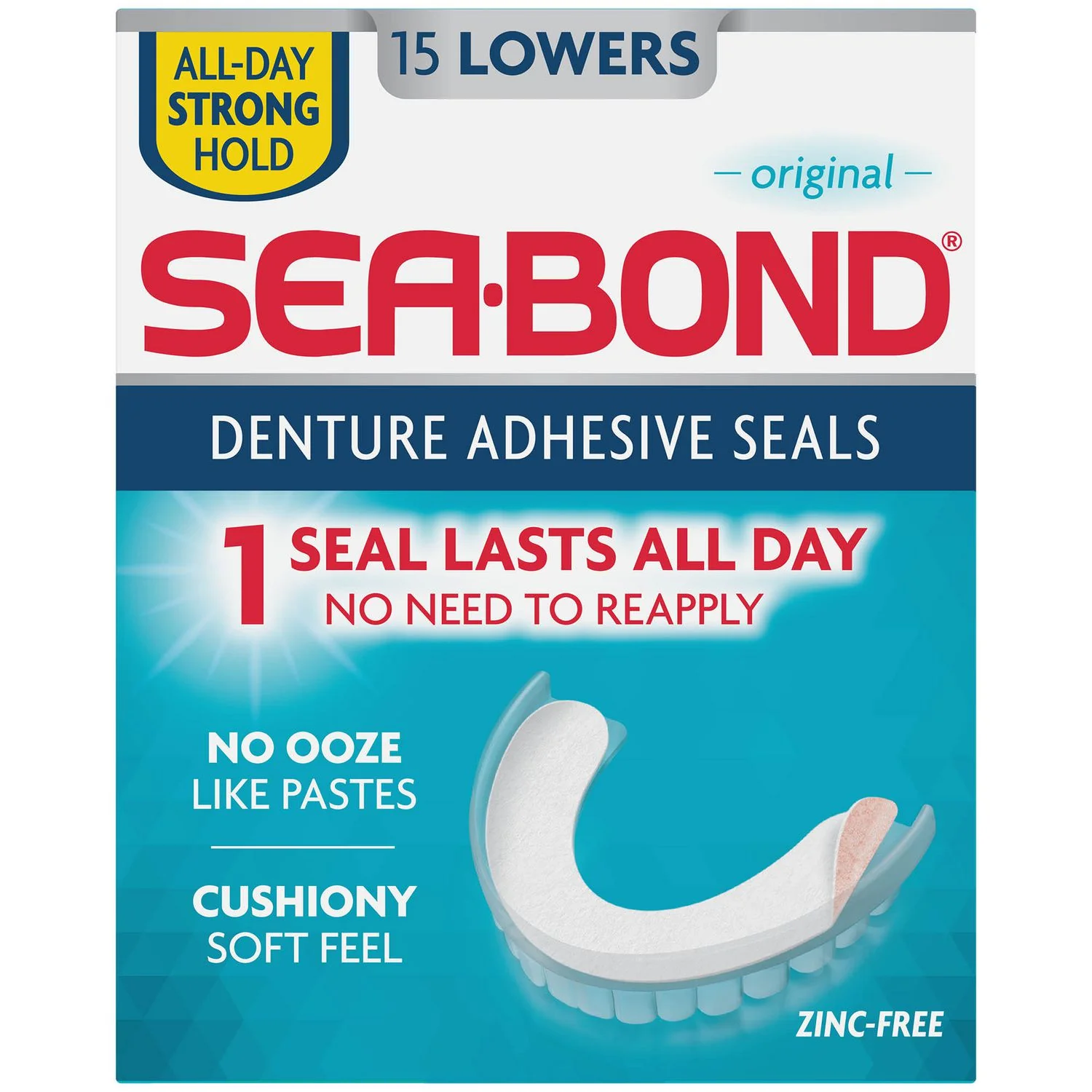 Sea-Bond Denture Adhesive Seals, All-Day Strong Hold, Zinc Free, Original - 15 Lowers