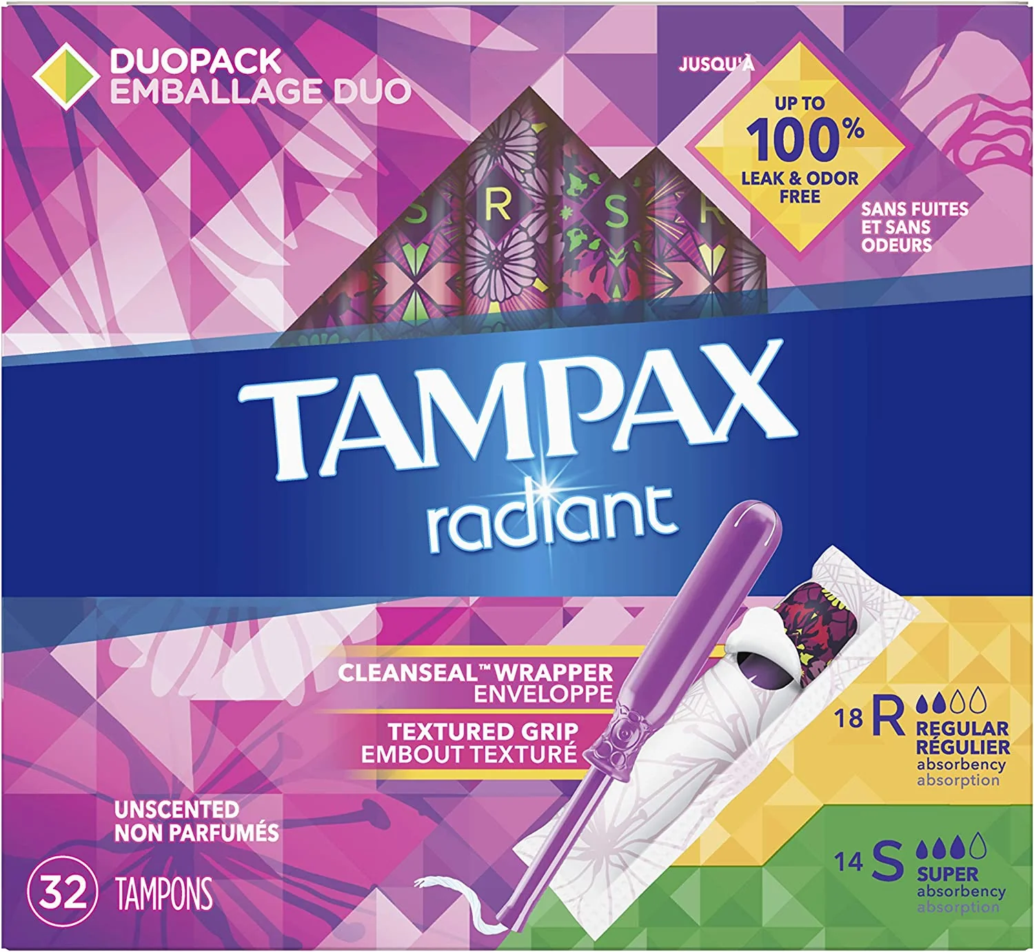 Tampax Radiant DuoPack Tampons, Unscented - 18 regular, 14 super