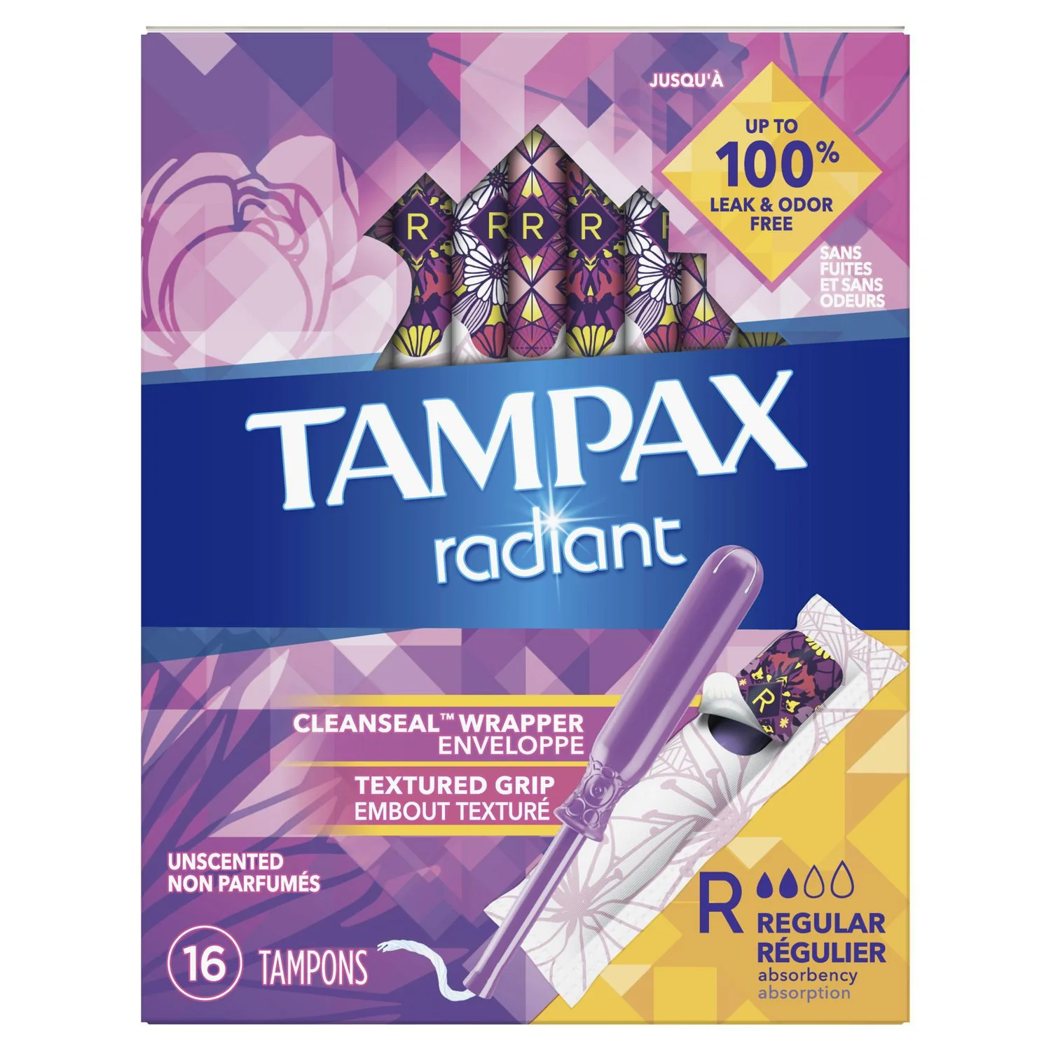 Tampax Radiant Regular Absorbency Tampons, Unscented