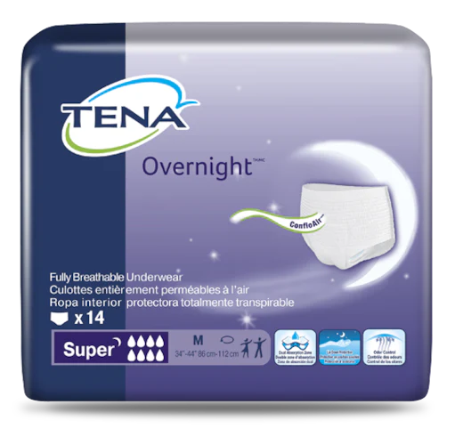 Tena Overnight Fully Breathable Underwear, Super, Medium - 14 count