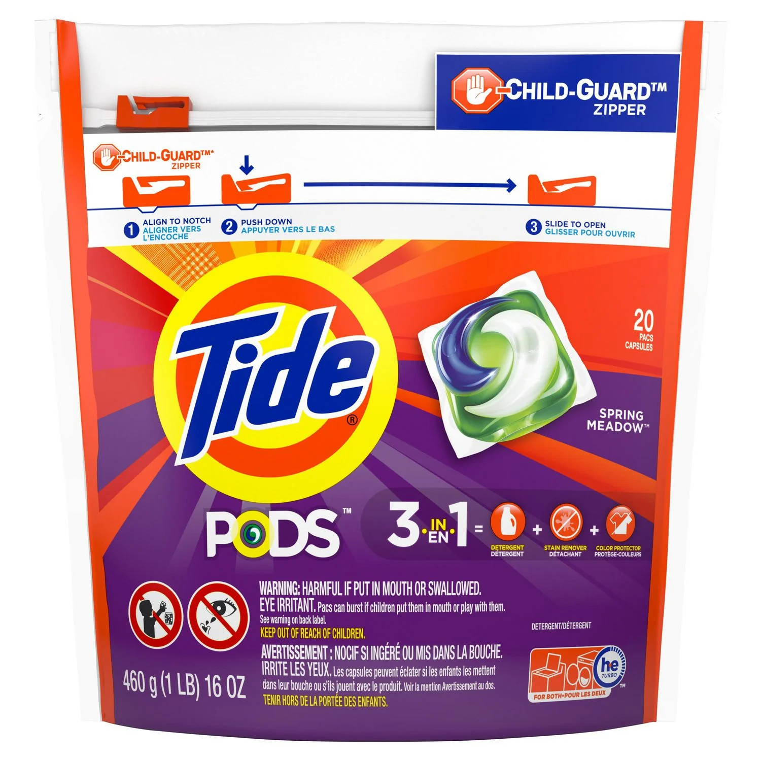 Tide Pods,  3 in 1 Detergent, Spring Meadow, 20 Pacs - 460 g