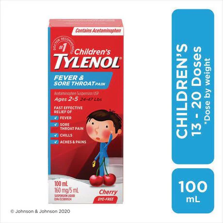 Tylenol Children's Fever & Sore Throat Pain Syrup, Dye-Free, Cherry Flavour - 100 ml