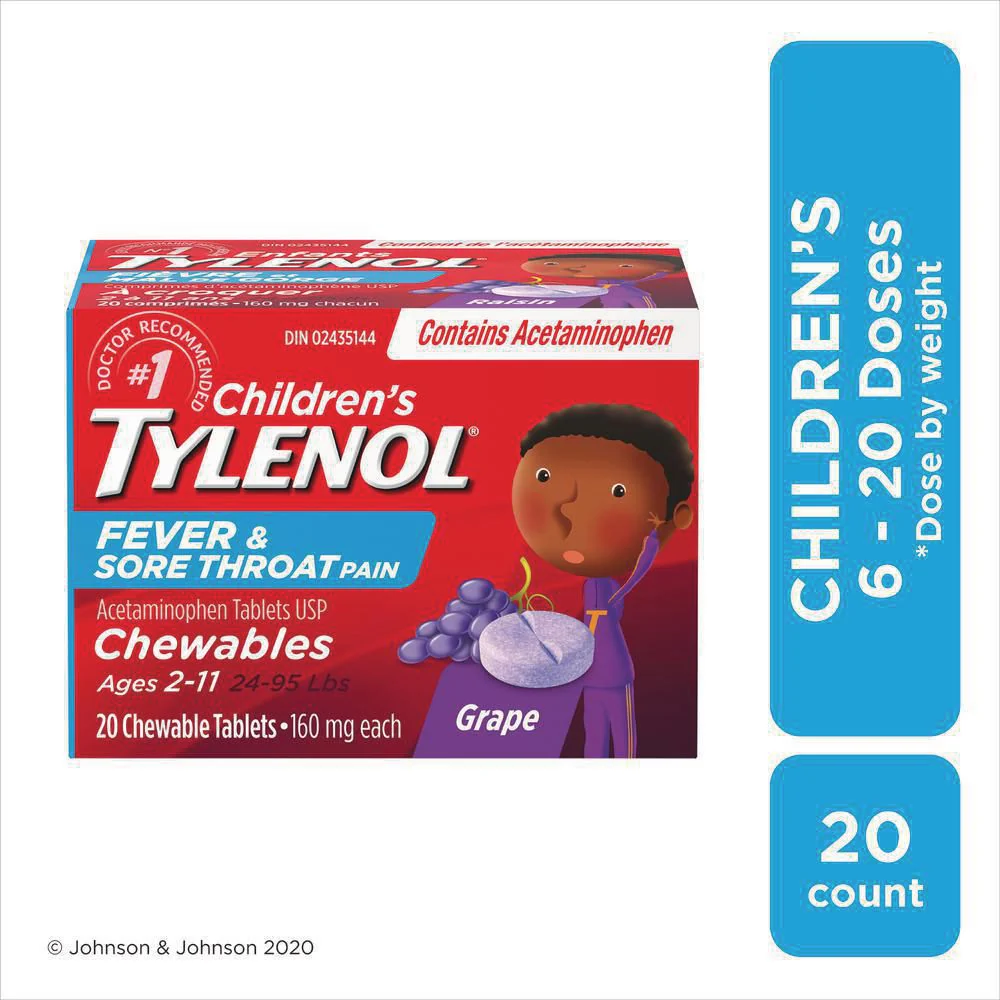 Tylenol Children's Fever & Sore Throat Pain Syrup, Grape Flavour - 20 tablets