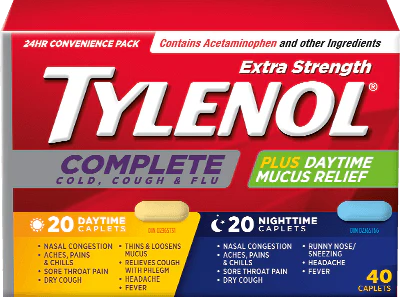 Tylenol Extra Strength Complete Cold, Cough, & Flu Plus Daytime Mucus Relief, Daytime & Nighttime - Image 2