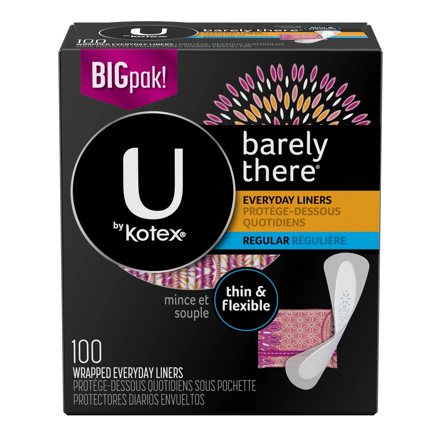 U by Kotex Barely There, Everyday Regular Liners, Fragrance-free - 100 wrapped liners