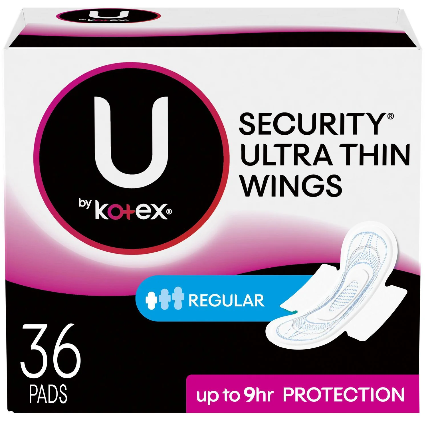 U by Kotex Clean Wear Regular Ultra Thin Pads with Wings, Regular, Unscented - 36 pads