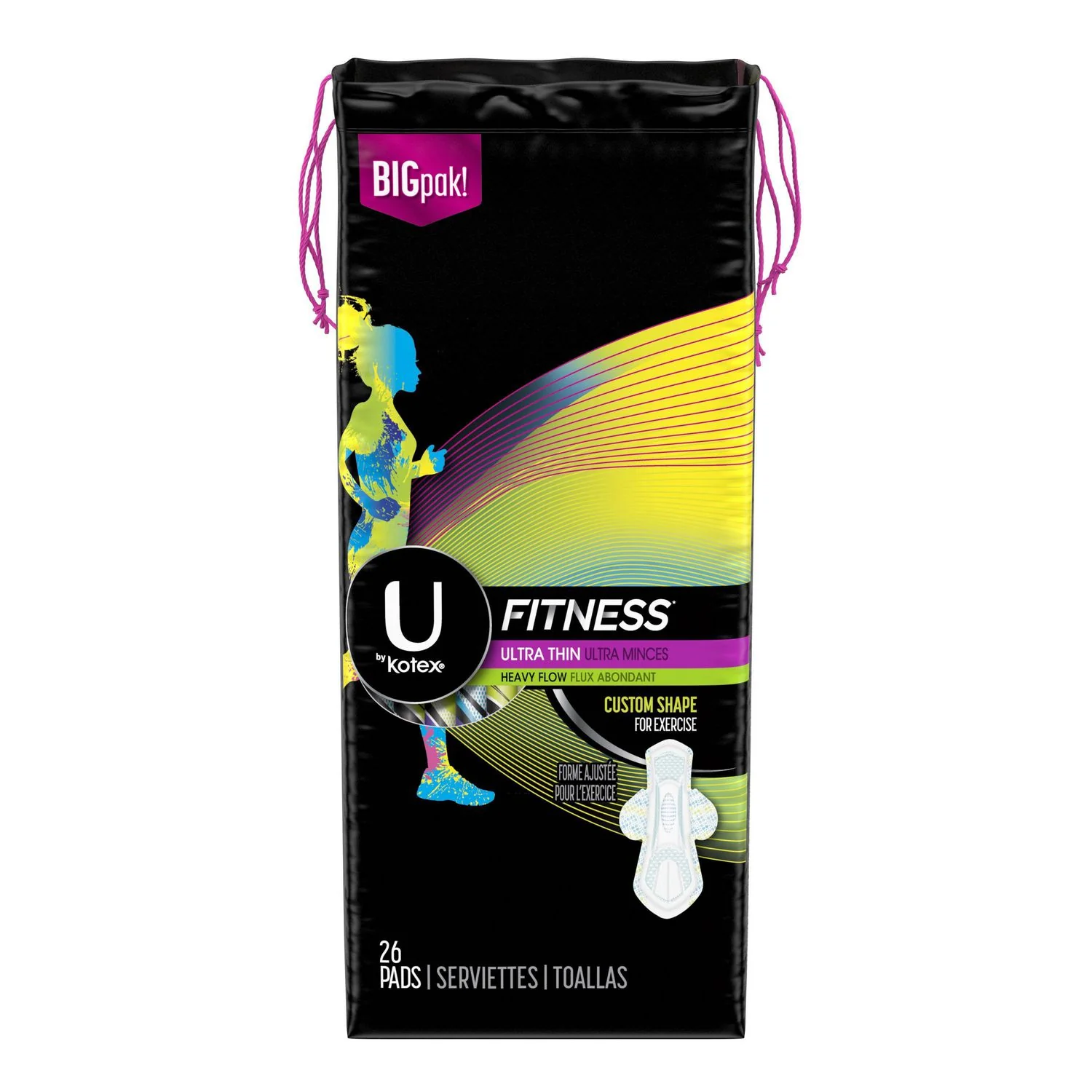 U by Kotex Fitness Ultra Thin, Heavy Flow Pads with Wings - 26 pads
