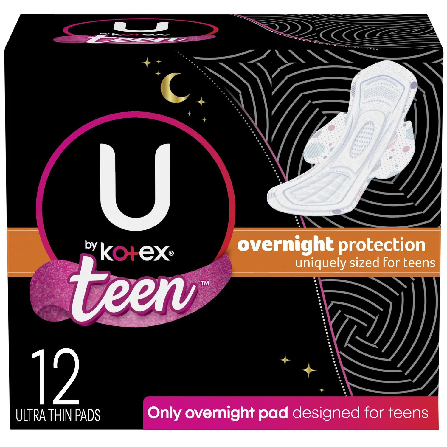 U by Kotex Teen, Overnight Protection, Ultra Thin Pads with Wings - 12 pads