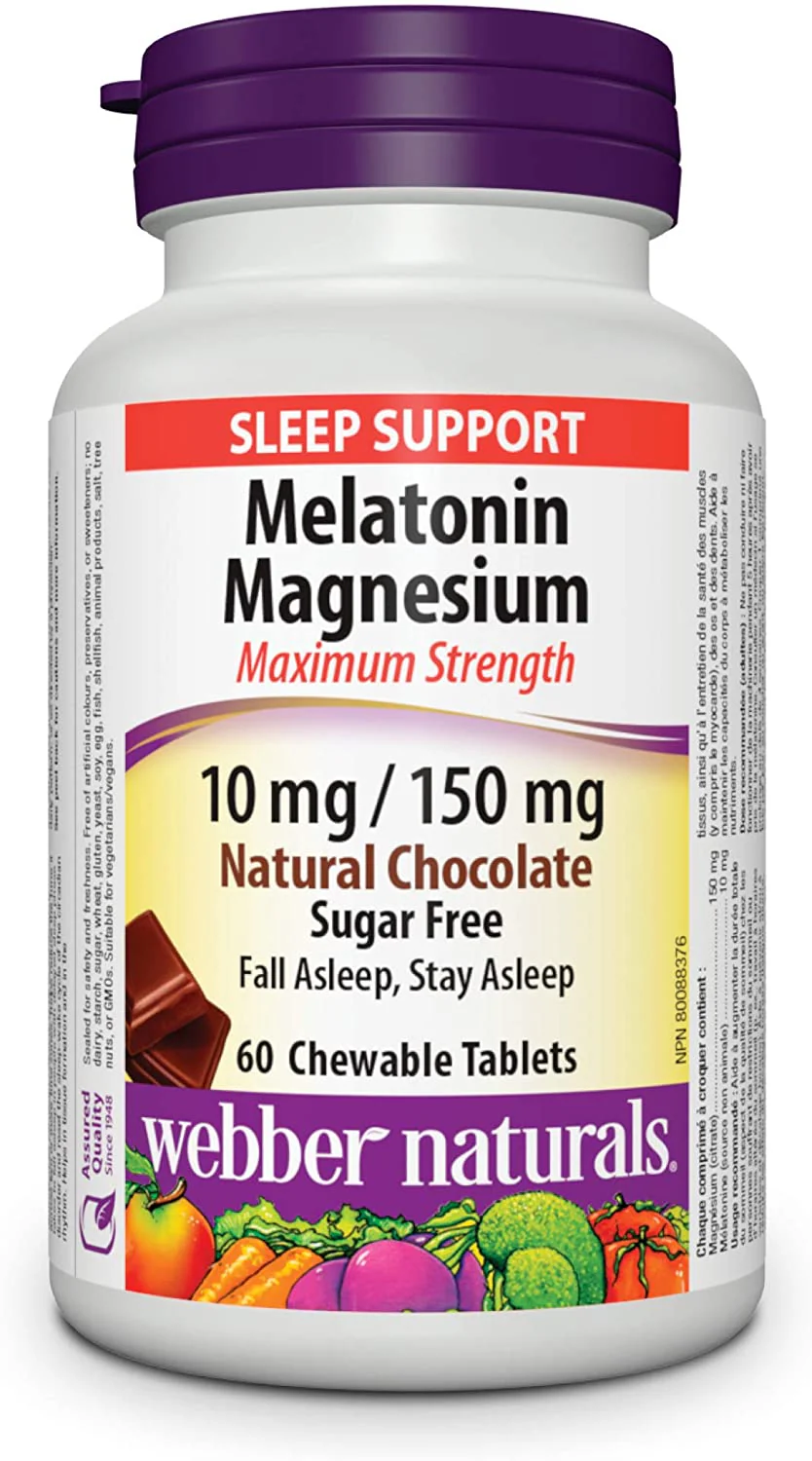 Webber Naturals Melatonin Magnesium Maximum Strength 10 mg / 150 mg, Natural Chocolate - 60 chewable tablets