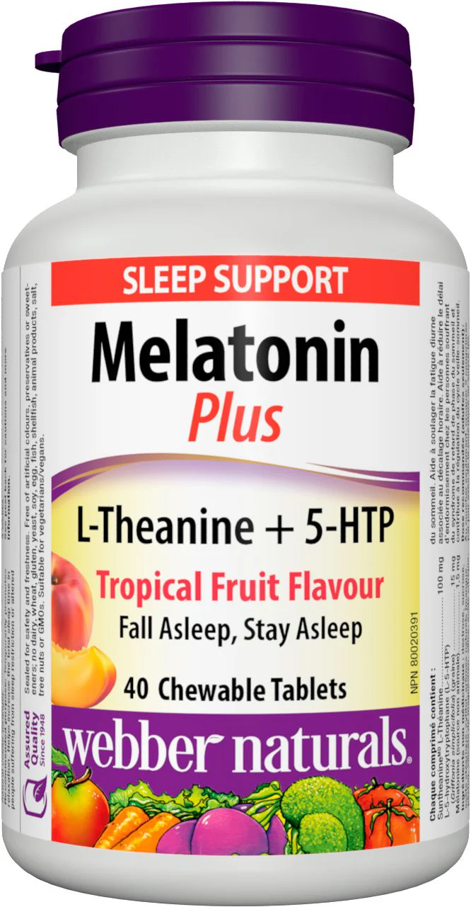 Webber Naturals Melatonin plus L-Theanine + 5-HTP, Tropical Fruit Flavour - 40 chewable tablets